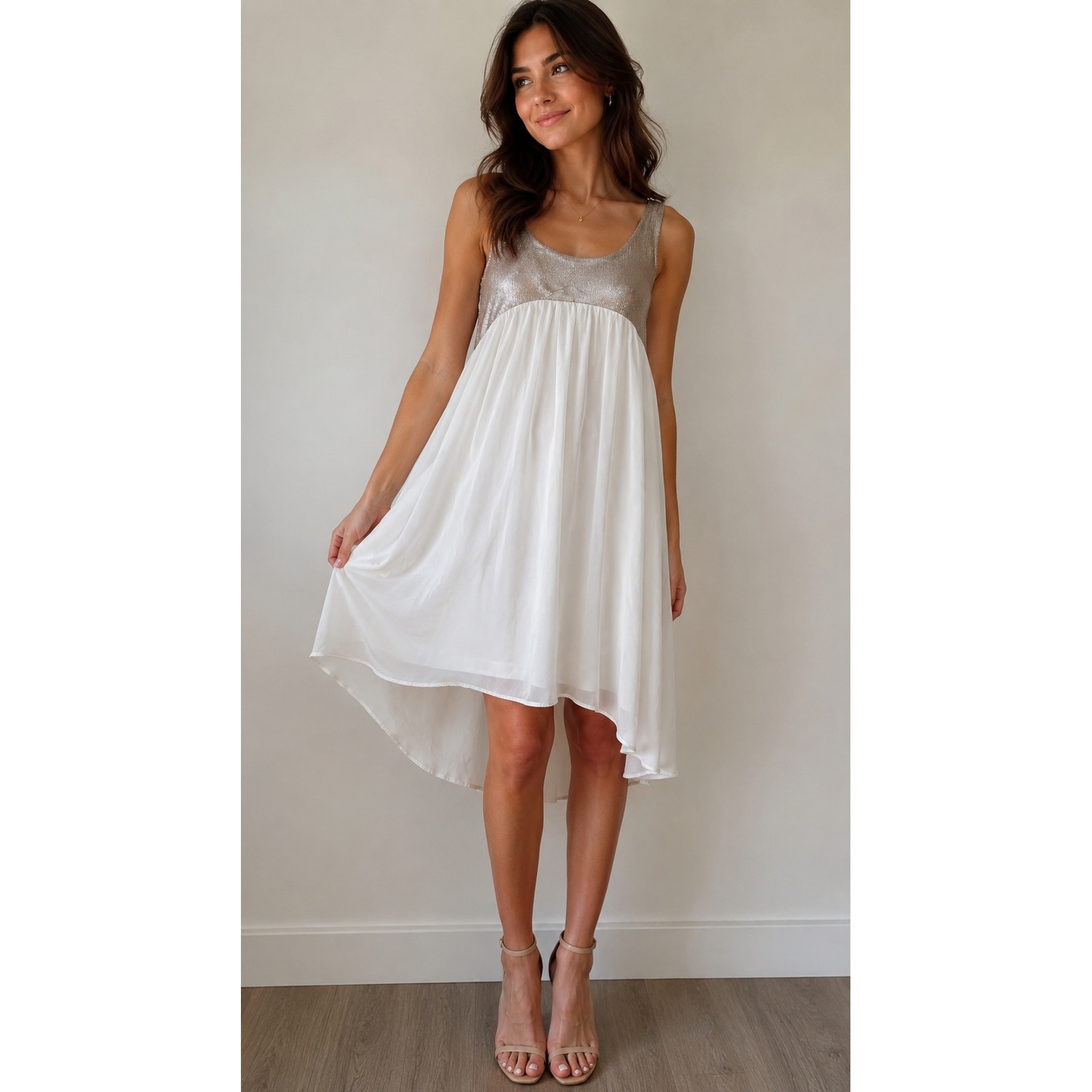 Aida Barne Metallic Gold Chiffon High-Low Cream Ivory Size Small Party Dress
